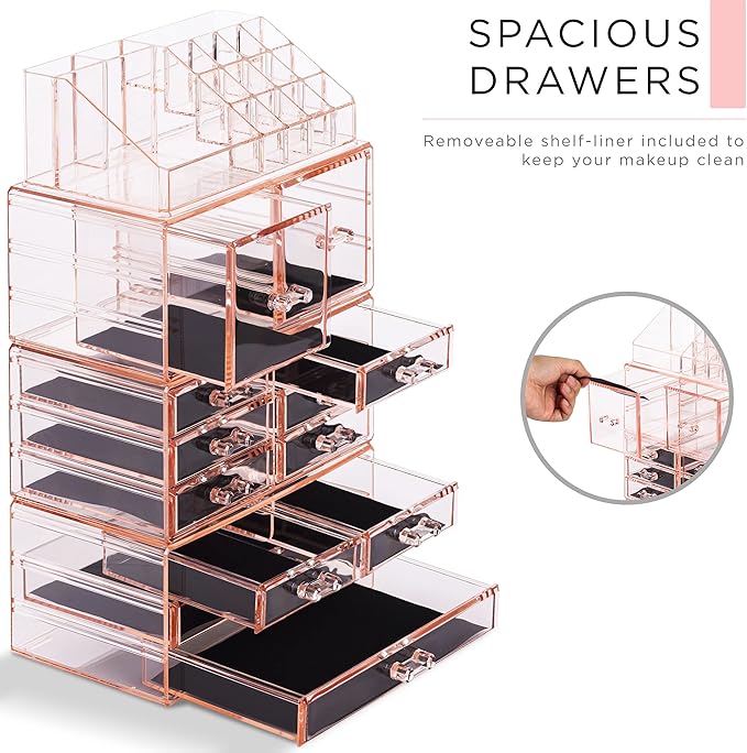 Sorbus Large Makeup Organizer - Clear Stackable Jewelry & Makeup Organizer For Vanity, Bathroom Storage, Dresser - 12 Drawers Cosmetic Beauty Organizers and Storage with Lipstick, Makeup Brush Holder