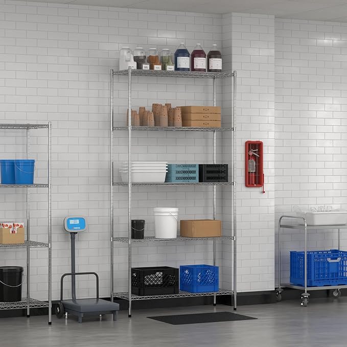 Commercial NSF Listed Chrome Stationary Wire Shelving Kit 18" x 48" x 96", with 5 Shelves Perfect for Warehouse, Walk-in Refrigerator, Freezer, Grocery Store, Restaurant, Dishroom