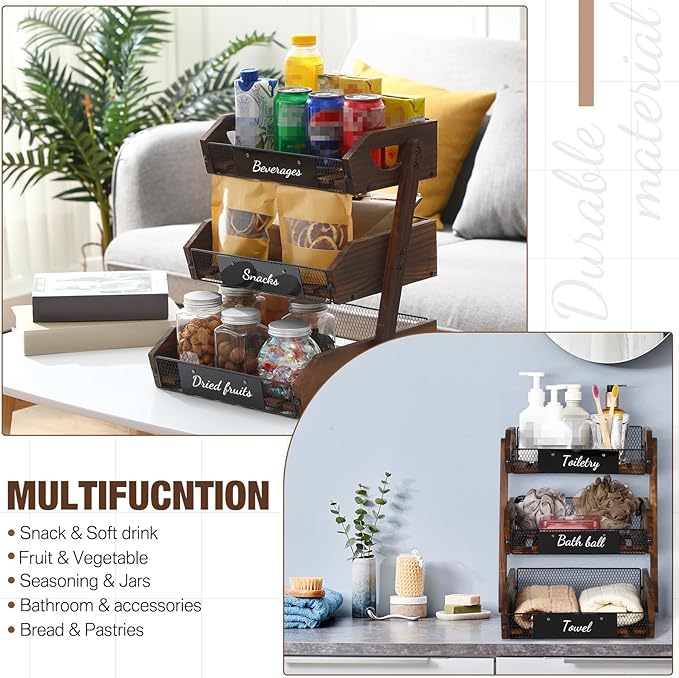 3 Tier Fruit Basket for Kitchen Counter Organizer with Banana Hangers Wooden Fruit Basket Kitchen Counter Storage Holder for Onion Potato Bread Vegetable Organize(11.7 x 12.5 x 15.7 Inches)