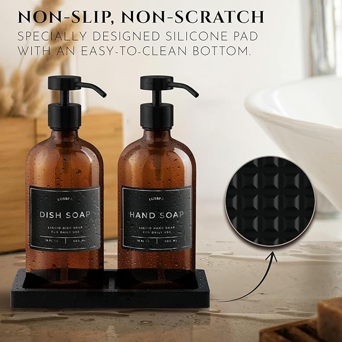 Lotion, Hand & Dish Soap Dispenser for Kitchen & Bathroom | Soap Dispenser Set of 2 16.8 Oz Glass Bottles with Stainless Steel Pump, 15 Water Proof Labels & Silicon Tray (Amber/Black)