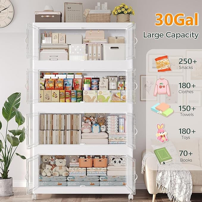 Atrasee 720QT Extra Large Stackable Storage Bins with Lid, 180Gal Collapsible Closet Organizer Box with Wheels, Folding Plastic Storage Cabinet with Doors for Home Bedroom Office Dorm, 6Pack White