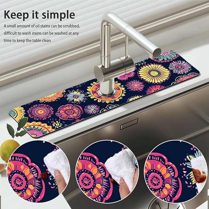 Bimkole 2 PCS Faucet Absorbent Mat, Kitchen Faucet Sink Splash Guard Wraparound Cloth Pads Drip Catcher for Sink Faucet for Kitchen Bathroom Faucet, Colorful Faucet Mat, 15 x 4 Inch Flower A6