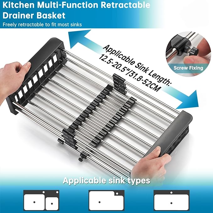 Over The Sink Dish Drying Rack, Stainless Steel Expandable Telescopic Drain Basket with Adjustable Arms - Functional Kitchen Sink Organizer for Dishes, Vegetables & Fruits (Large, Black)