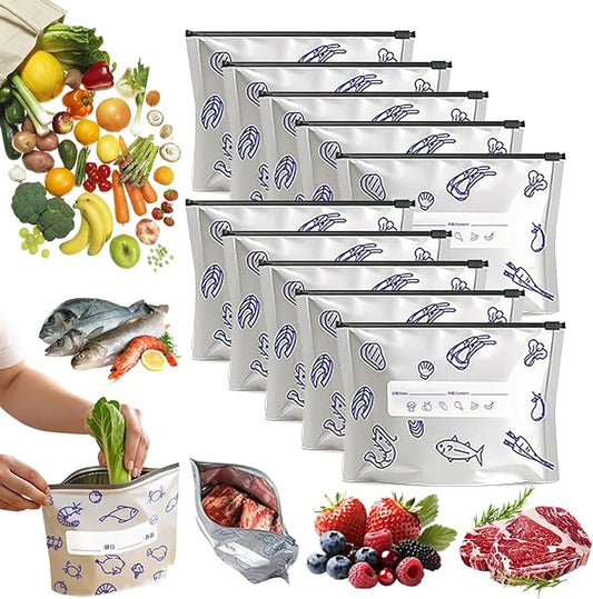 Reusable Aluminum Foil Sealable Storage Bags, 2026 New Resealable Vacuum Zipper Pouches for Food, Thicken Stand Up Foil Freezer Bags with Label & Zip Lock for Vegetable Fruit Meat (S*10)