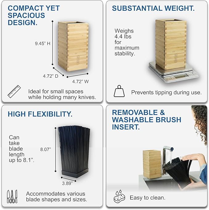 KAIZEN Bamboo Knife Block Without Knives - Perfectly Sized Universal Knife Holder for Knives, Scissors - Unique Knife Storage for Counter Top with Anti-Slip Base (Natural)