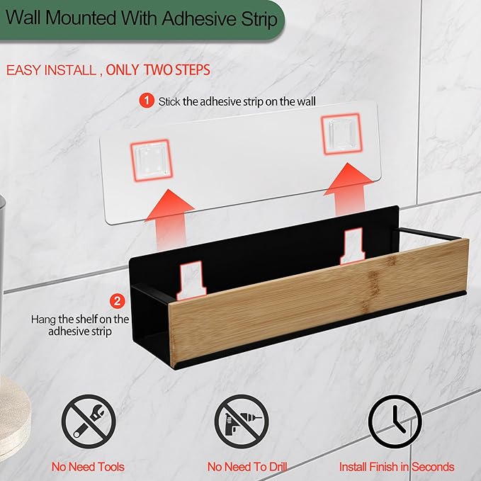 Wall Mount Organizer,Adhesive Metal Shelf with Bamboo Lip,Bathroom Shelves for Wall,Self Adhesive Organizer,Shower Caddies,No Drilling Stick-on Wall Rack,for Bathroom,Kitchen,Living Room (White)