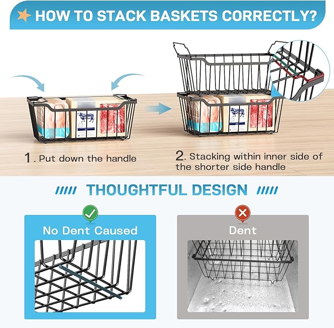 Freezer Organizer Bins, 4 Pack Stackable Chest Freezer Organizer for 5-7 Cu.FT Deep Freezer Sort Frozen Meats and Food, Freezer Storage Baskets with Handles Easy Reach from Bottom, Black
