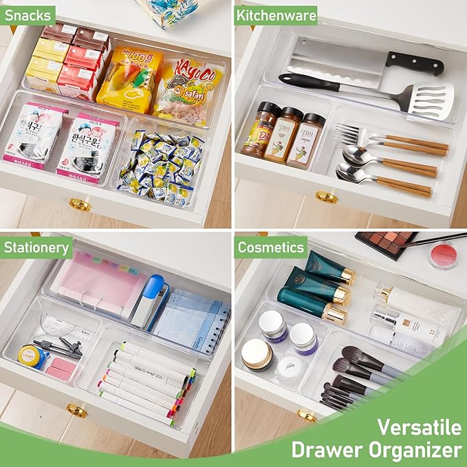 6 PCS Large Size Clear Plastic Drawer Organizer Tray, 12'' Acrylic Vanity Bathroom Drawer Organizers Trays, Desk Drawer Organizer Bins for Cosmetic, Makeup, Kitchen, Office Drawer Divider Organization