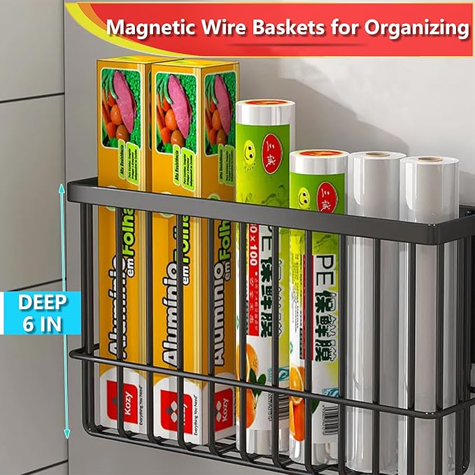 Winbell Magnetic Basket Kitchen Refrigerator Organizer Foil and Plastic Wrap Organizer for Fridge Heavy Duty Metal Storage (10.25" L x 3.2" W x 6" H, Black)