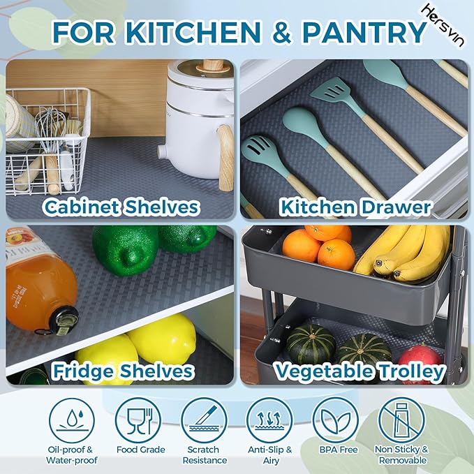 Hersvin Shelf Liners 16 in x 20 ft EVA Drawer Mats, Non-Adhesive Cupboard Pad, Kitchen Cabinet Lining Fridge Cushion (Gray Crossed Stripe, 40.7x610cm)