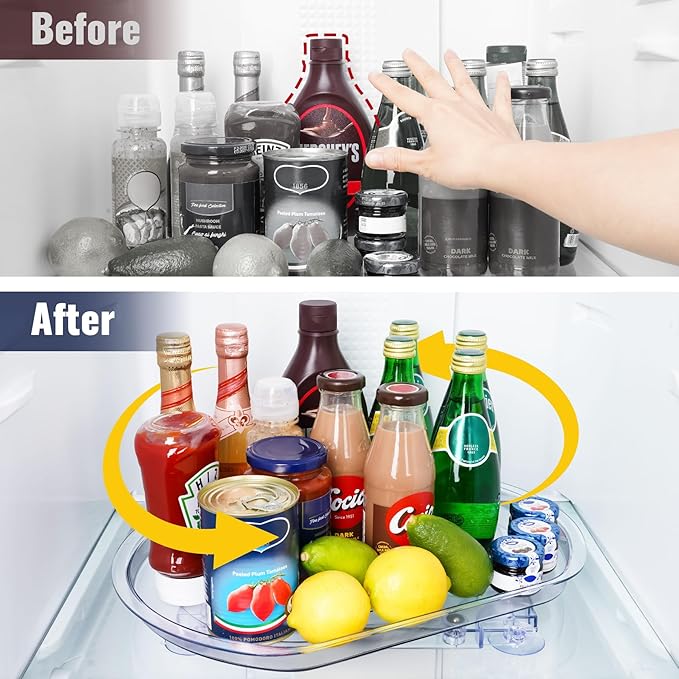 NiHome Refrigerator Lazy Susan Turntable Organizer 16.5"x11"x1.85", 180° Smooth Rotation Clear Plastic Shelf Tray with Suction Cups, Space-Saving Fridge Storage Rack for Cabinets, Pantry, Countertop