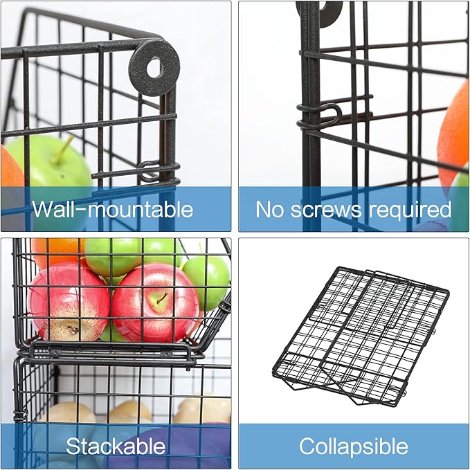 X-cosrack 3-Tier Stackable Fruit Basket for Kitchen Counter, Fruit and Vegetable Storage Basket- Potato and Onion Storage Bin, Wire Baskets for Pantry Organization- Metal Baskets for Produce Snack Can