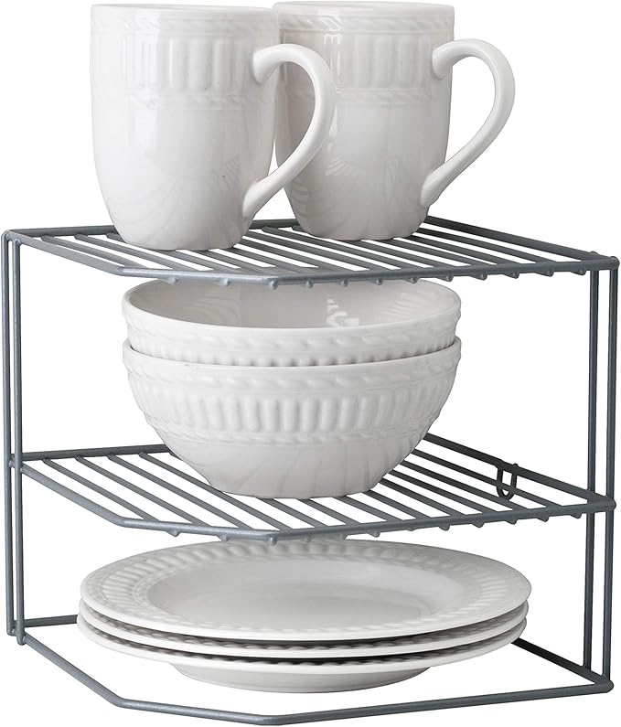 Kitchen Details Corner Shelf Organizer | Cabinet & Countertop Storage | Plates | Cups | Bowls | Grey