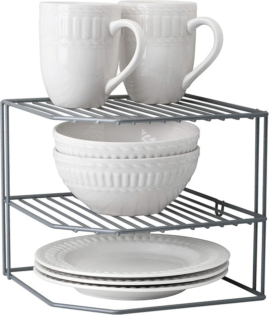 Kitchen Details Corner Shelf Organizer | Cabinet & Countertop Storage | Plates | Cups | Bowls | Grey