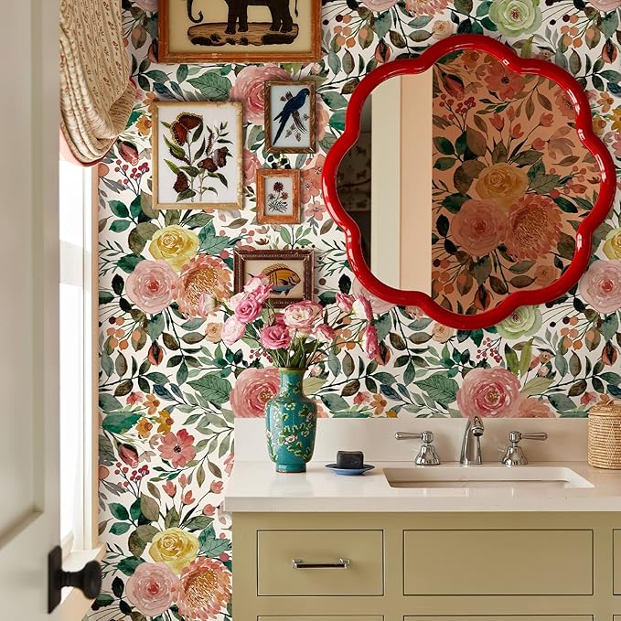 JiffDiff Floral Wallpaper Peel and Stick Pink Floral Wall Mural Removable Peony Roses Wallpaper Nursery Wall Decor (Camellia, 17.7" X 393.7")