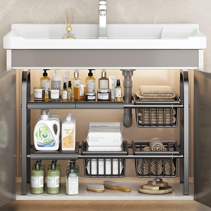 Extendable Under Sink Storage, Kitchen Shelf Organiser, 2-Tier Adjustable Under Sink Bathroom Cabinet Multifunctional Storage Rack for Bathroom Cabinet