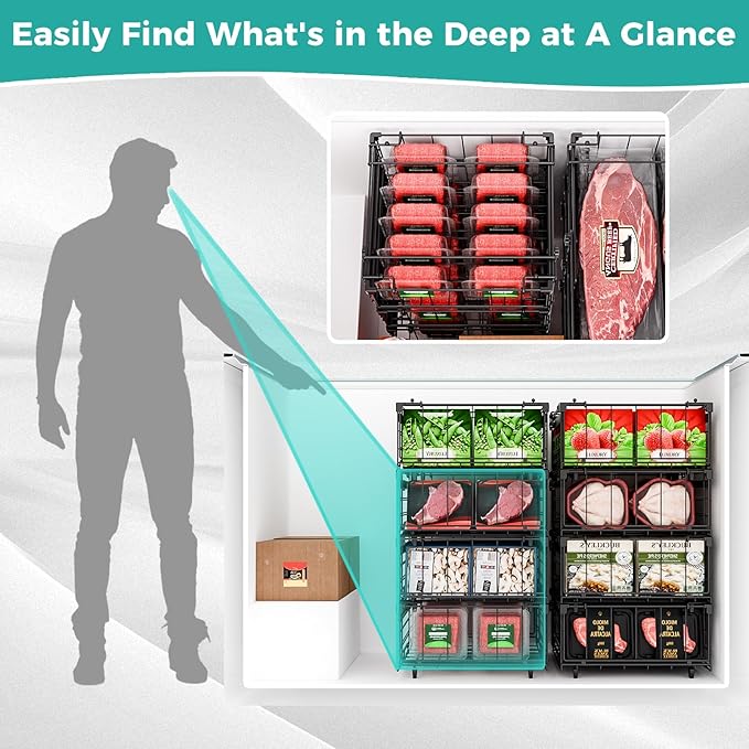 OPENICE Deep Freezer Organizer Bins, Expandable from 11.0" to 17.0" Stackable Freezer Baskets for Chest Freezer with 5 Tags, Bins for Chest Freezer Organization - 4 PCS, Black