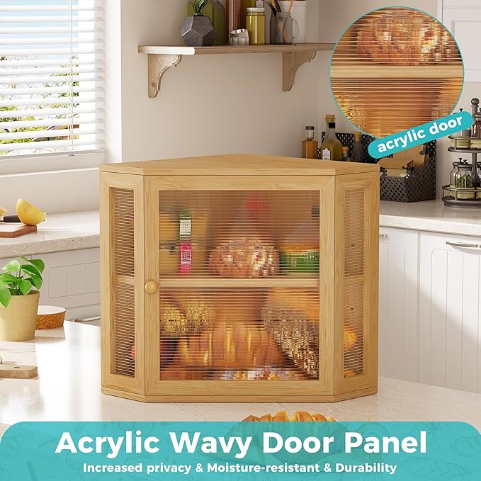 BEWISHOME Bread Box for Kitchen Countertop,Double Layer Bamboo Wood Large Capacity Bread Storage Bin, Bread box with Acrylic Wavy Door Panel(Meduim)