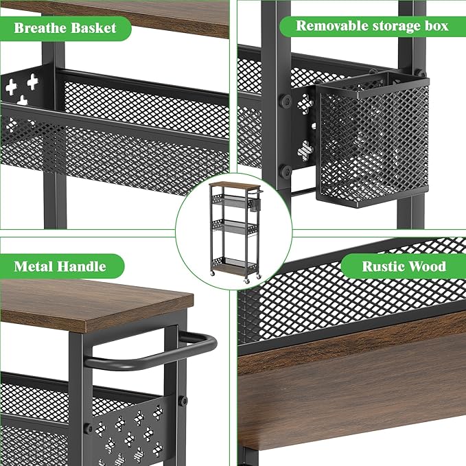 Utility Slim Rolling Storage Cart with Wheels, 4 Tier Narrow Metal Kitchen Cart Bathroom Laundry Room Organization Trolley with Wood Rack and Removable Mesh Basket for Small Space, 7.1IN Black