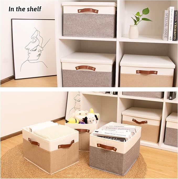 HOdo Home Fabric Storage Bin with Lid and 2 Bold Handles, Collapsible Large Canvas Storage Baskets for Organizing Shelf Nursery Home Closet (White&Yellow, 15L×11W×10H - 3Pack)