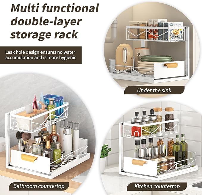 CHIKESI Under Sink Organizer - 2 Tier Pull Out Cabinet Organizer with Sliding Drawers, Adjustable Metal Storage Shelf for Kitchen & Bathroom, Space Saving Storage Solution (White, 1-Pack)