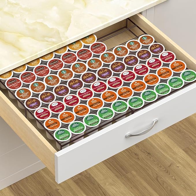 Coffee Pod Holder Drawer, Expandable K Cup Holder Compatible with Keurig K-Cup, K Cup Drawer Organizer Hold 35-70 Coffee Pod Storage for Coffee Station Office and Kitchen, Bronze