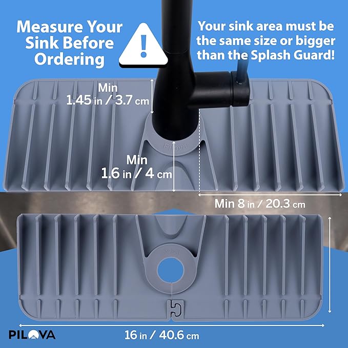 Pilova Premium Kitchen Sink Splash Guard - [16" x 5.7"] Silicone Sink Mat with Secure Clip, 10° Slope Silicone Faucet Mat for Kitchen Sink, Splash Guard Behind Faucet, Non-Slip Secure Fit