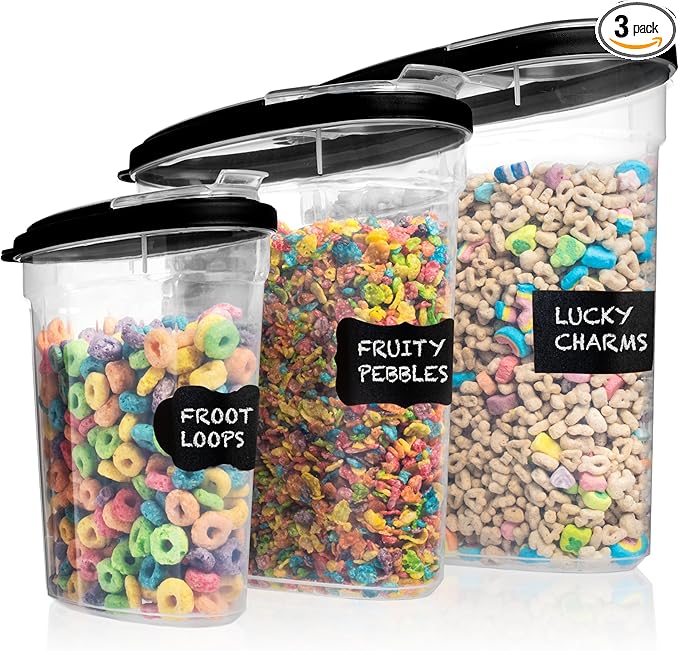Shazo 3 PC Cereal Container Storage Set (5.2L, 2.8L, 1.2L) - Large Airtight Food Storage Containers with Flip-Top Lids, BPA-Free Plastic Cereal Dispenser for Pantry, Rice, Flour, Sugar & Pasta