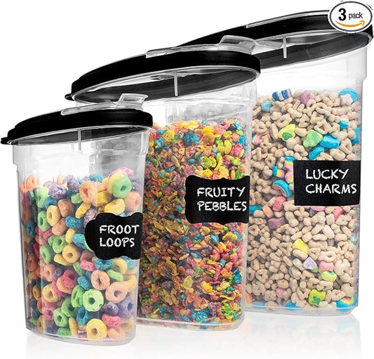 Shazo 3 PC Cereal Container Storage Set (5.2L, 2.8L, 1.2L) - Large Airtight Food Storage Containers with Flip-Top Lids, BPA-Free Plastic Cereal Dispenser for Pantry, Rice, Flour, Sugar & Pasta