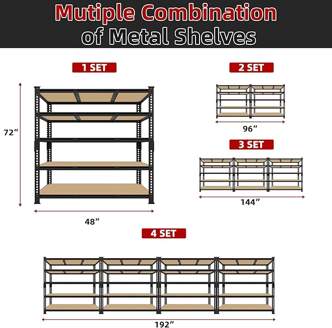 Heavy Duty Metal Storage Shelves - 48" W x 24" D x 72" H 5 Tier Adjustable Garage Shelving Unit, Industrial Utility Rack Shelf for Warehouse, Pantry, Kitchen, Black, 3 PCS
