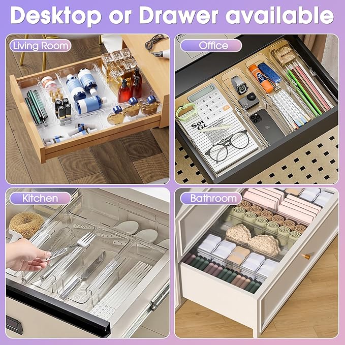 14 Pcs Extendable Clear Drawer Organizer, Adjustable Vanity Storage Box, 3-Size Desk Drawer Organizer, Non-Slip Storage Bins for Cosmetics, Jewelries, Stationeries, Tools, Cutleries, Toiletries