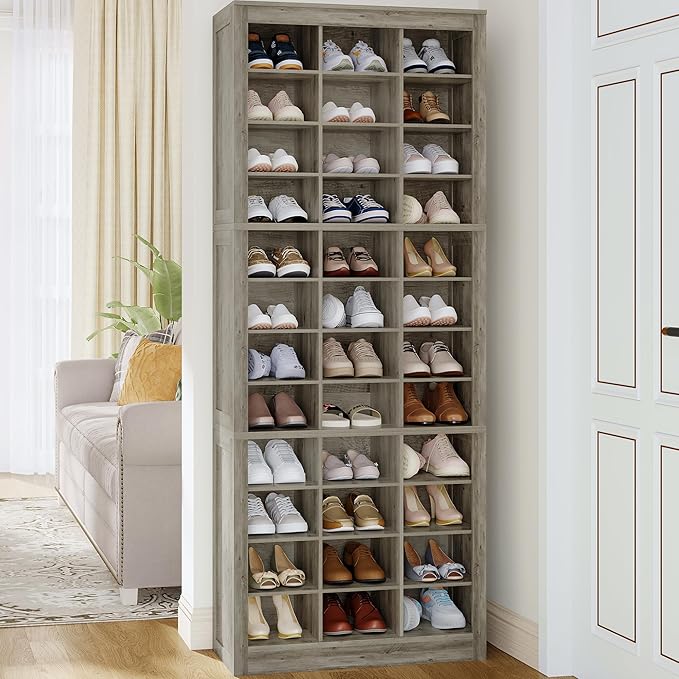 Shoe Storage Cabinet, 36 Pairs Free Standing Closet Organizer, 8.8 inch Widened Cell Wood Shoe Organizer, 12 Tiers Vertical Space Saving Shoe Rack for Entryway, Cloakroom, Greige SR20705B