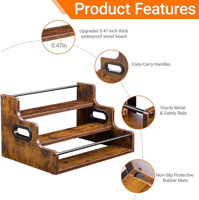 [Upgraded] Rustic Wood Liquor Bottle Display Shelf, 3-Tier Liquor Shelf for Bar Counter, Coffee Syrup Rack Organizer with Handles & Metal Guardrail, Bar Bottle Stand for Home, Kitchen, Cafe
