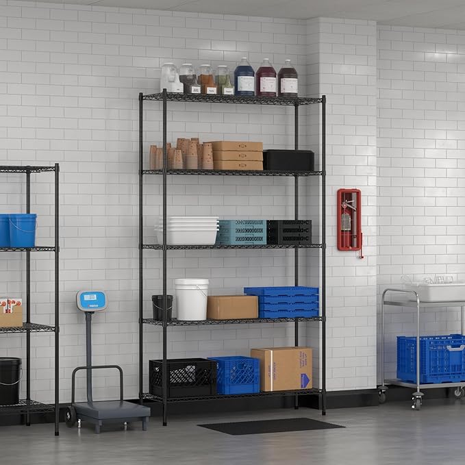 Commercial NSF Listed Black Epoxy Stationary Wire Shelving Kit 18" x 54" x 96", with 5 Shelves Perfect for Warehouse, Walk-in Refrigerator, Freezer, Grocery Store, Restaurant, Dishroom