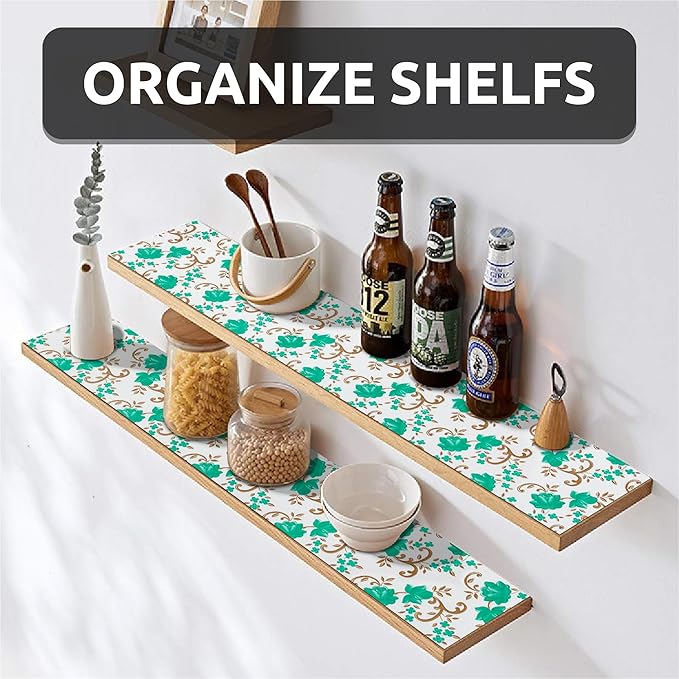 12X120 Inch Shelf Liner for Kitchen Cabinets, PVC Drawer Liner for Dresser Non-Slip Bathroom, Non-Adhesive Cabinet Liner Washable (Green Floral)(3 Roll)