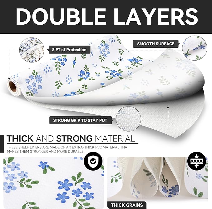RAY STAR Shelf Liner, 18 Inch x 8 Feet Non Adhesive Blue Floral Kitchen Cabinet Liner for Pantry Drawer Vanity, Strong Grip Non Slip Waterproof, Shelf Liners for Kitchen Cabinets Cupboard