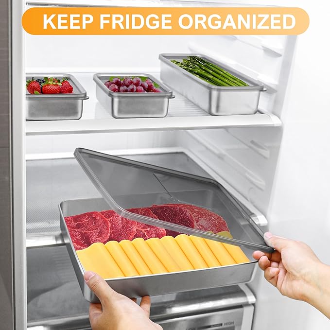 Verveia 2Pack Bacon Container for Refrigerator，Deli Meat Container for Fridge,304SS Airtight Food Storage Container,Stackable Fridge Organizer with Locking Lid (BPA Free)