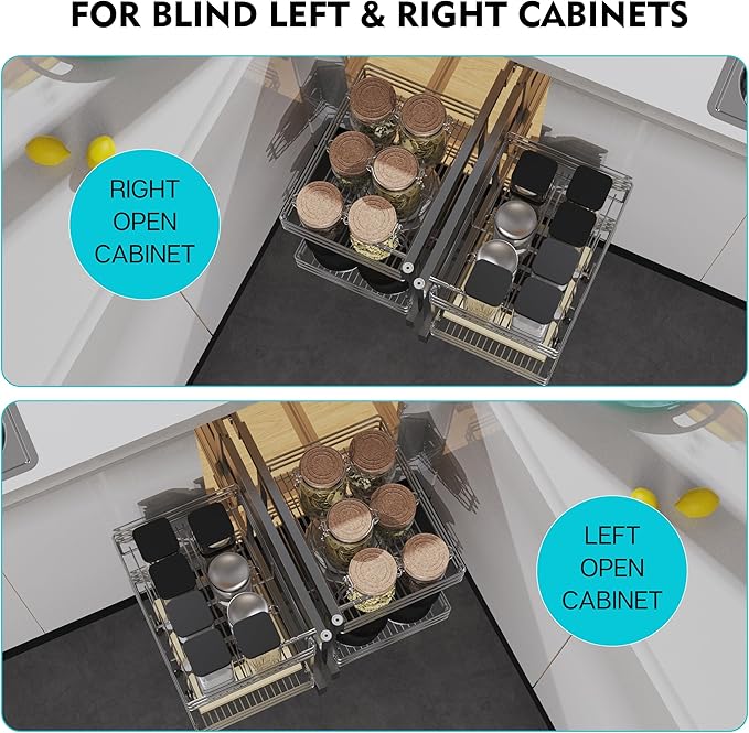 Blind Corner Cabinet Pull Out 2 Tier, Left & Right Blind Corner Cabinet Organizer for 18" W, Cabinet Pull Out 4 Shelves, Chrome, Slide Out Drawers for Kitchen or Bathroom Cabinets
