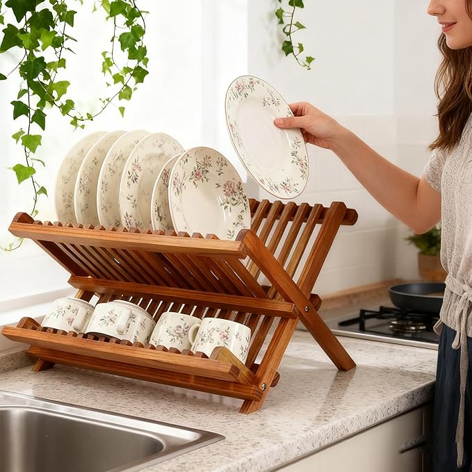 Utoplike Teak Dish Drainer Rack Collapsible 2 Tier Dish Rack Dish Drying Rack Foldable Plate Organizer Holder for Kitchen Compact
