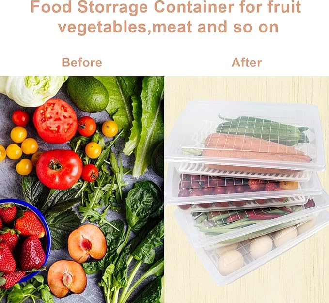 Yiautao Food Storage Container, Plastic Food Containers with Removable Drain Plate and Lid, Stackable Portable Freezer Storage Containers - Tray to Keep Fruits, Vegetables, Meat and More (4,Large)