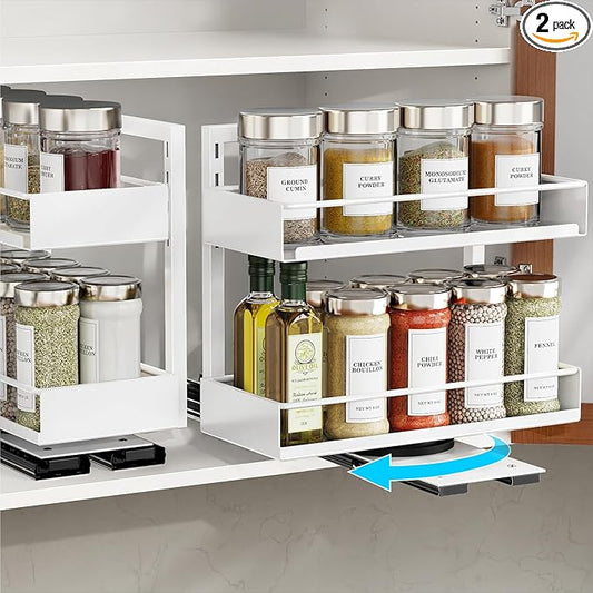 iSPECLE 2 Pack Pull Out Spice Rack - Rotate Peel and Stick No-Drill Vertical Spice Rack Organizer for Cabinet Easy Access Spices, Adjust Height for 4oz to 8oz Spice Jars, Fits Small Pantry Cabinet