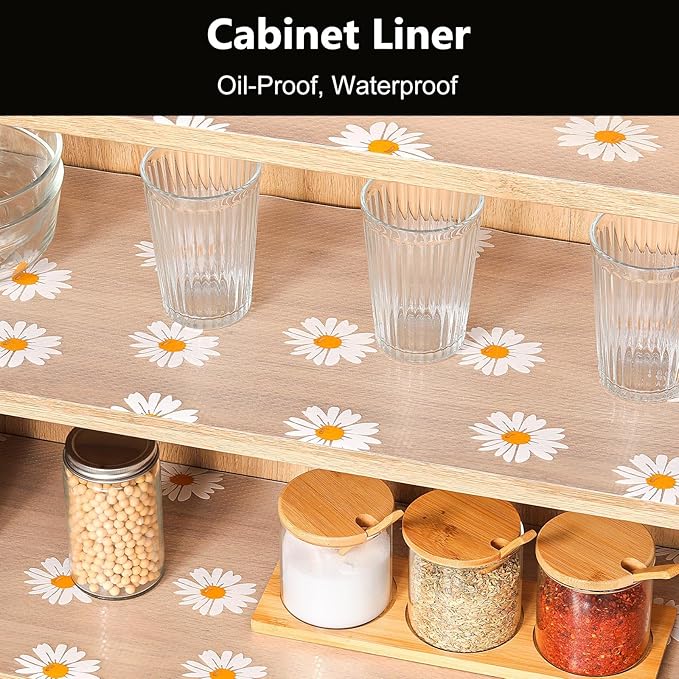 INNOLITES Shelf Liners for Kitchen Cabinets – Drawer Liner Waterproof & Oil-Proof, Non-Adhesive EVA with Floral Pattern – Durable Washable, Easy to Clean (Clean Daisy, 17.7" x 360")