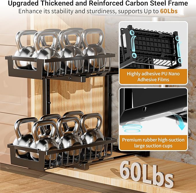 TOFWOF Under Sink Organizer 2 Pack, 2 Tier Adjustable Height Reinforced Carbon Steel Under Kitchen Bathroom Sink Storage Organizer, Smooth Pull-out Under Sink Cabinet Rack Drawer Organizer, Black
