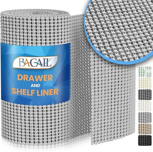 BAGAIL Drawer and Shelf Liner, 17.5 in X 10 Ft Non-Adhesive Shelf Liners for Kitchen Cabinets, Thick Strong Grip Liners for Desk, Shelves, Bathroom Drawers, Cabinet Protection - LightGrey