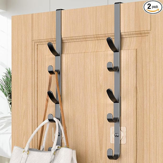 Over The Door Hooks, Metal Door Hooks for Hanging, Over The Door Purse Organizer for Door Coat Hanger, Back of Shower for Hanging Towel Rack Clothes, Hat, Bathroom, Closet (Black-2Packs)