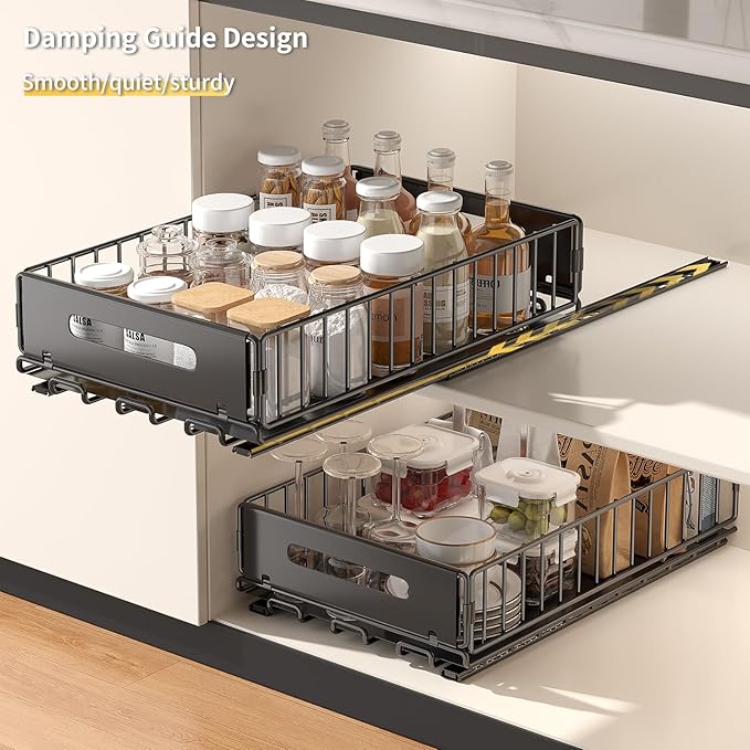 1 Pack Pull Out Cabinet Organizer, Slide Out drawers for cabinets, Heavy Duty Carbon Steel Roll Out Shelves for kitchen, bathroom, under sink, pantry (14.7’’-23.1’’ Slide, Adhesive & Screw)