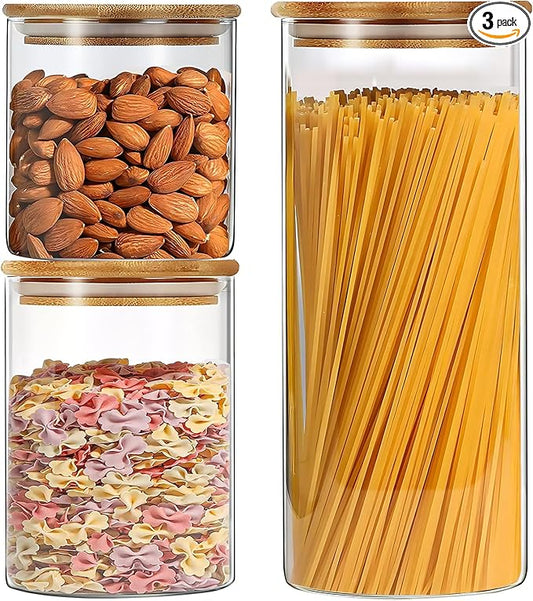 Glass Food Storage Jars Set of 3 with Bamboo Lid Airtight Glass Storage Canister, Cylindrical Kitchen Clear Food Storage Container Jar, for Pasta, Coffee, Cookies, Nuts, Cereal, Oats, Flour