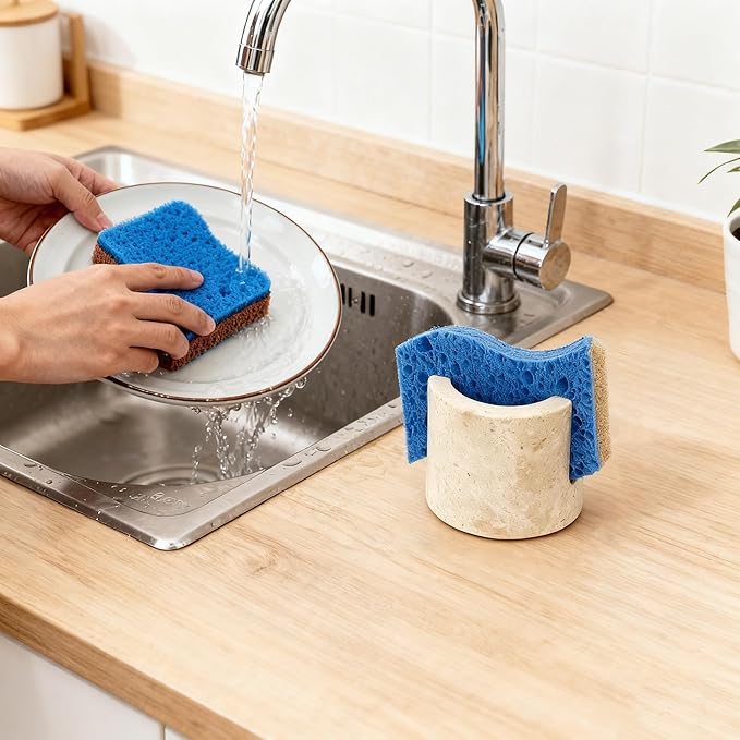 Natural Travertine Sponge Holder & Drying Rack for Kitchen Sink Non-Slip Grip Fast-Absorbing Stone Sponge Caddy Organizer Sturdy Bathroom or Kitchen Counter Accessory Beige