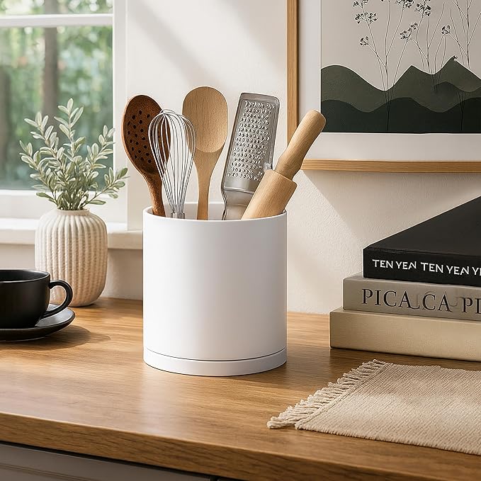 D'vine Dev 360° Rotating Utensil Holder – 7.2" Kitchen Utensil Crock for Countertop, Modern Cooking Tool Organizer for Kitchen Storage & Décor, Set of 2, White, 72-Y-A-2
