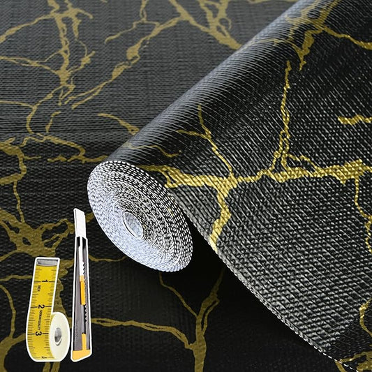 2-Layer Drawer and Shelf Liner for Kitchen Cabinet: 17.3in X 20Ft Non Slip Waterproof Shelf Paper Non Adhesive Refrigerator Liners Black/Gold Marble Easy Liners for Bathroom with Knife Tape Measure